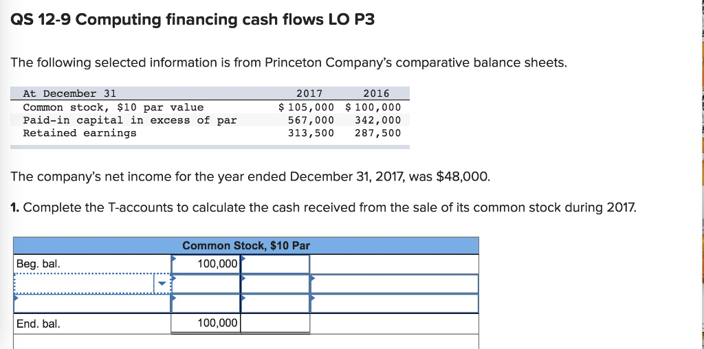  QS 12-9 Computing financing cash flows LO P3 The following selected