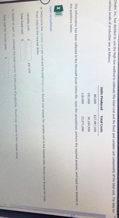  Ziegler Inc. has decided to use the high-low method to estimate