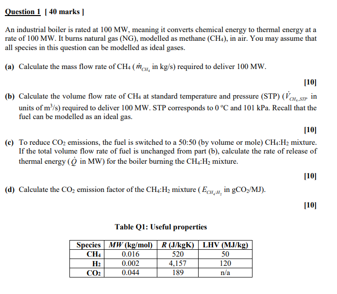  Question 1[40 marks ] An industrial boiler is rated at 100MW,
