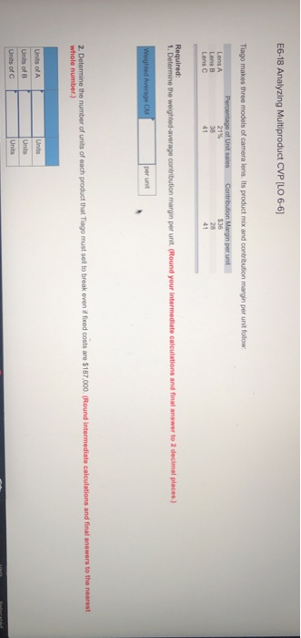  E6-18 Analyzing Multiproduct CVP [LO 6-6] Tiago makes three models of