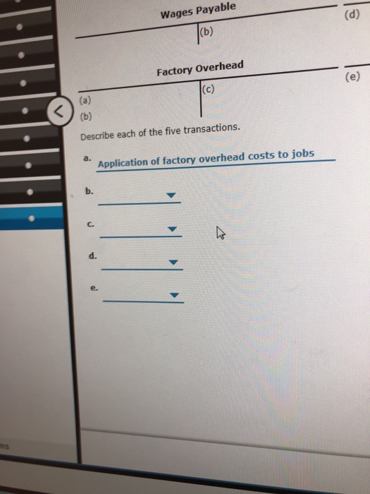 Materials Wages Finished Goods e) Factory Overhead Cost of Goods Sold Describe