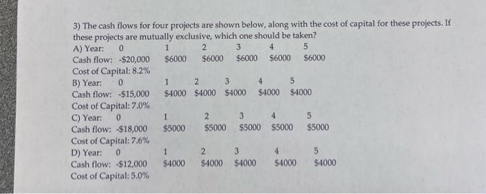  3) The cash flows for four projects are shown below, along