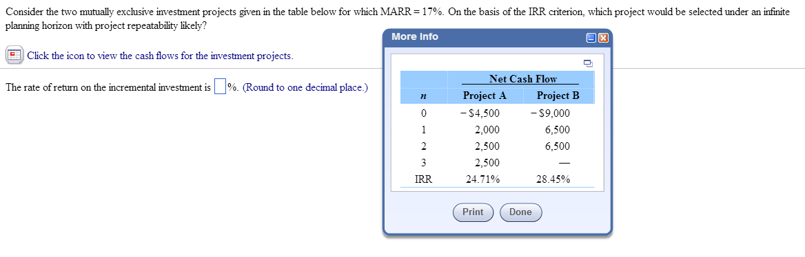 Consider the two mutually exclusive investment projects given in the table