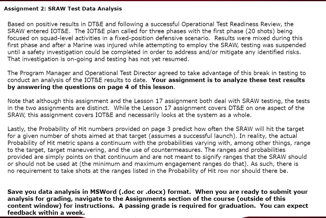  Assignment 2: SRAW Test Data Analysis Based on positive results in