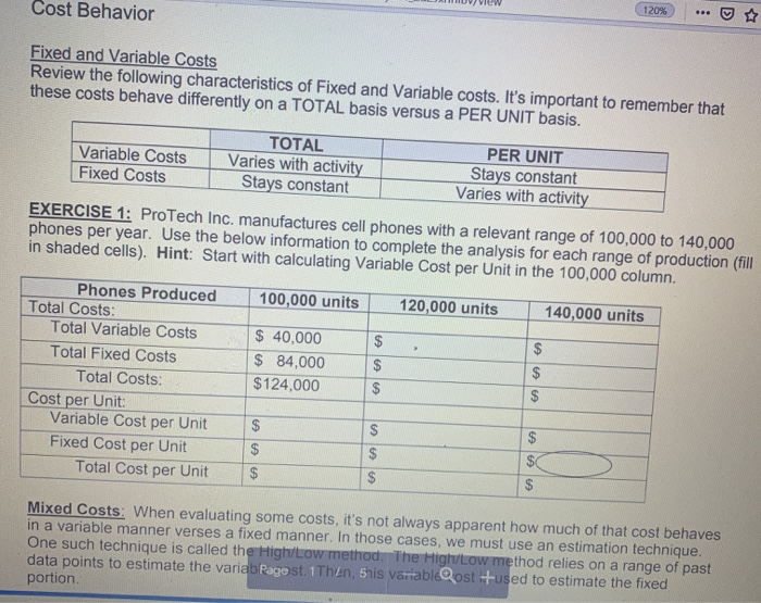 After completing exercise1, what is the correct total for Fixed Cost per