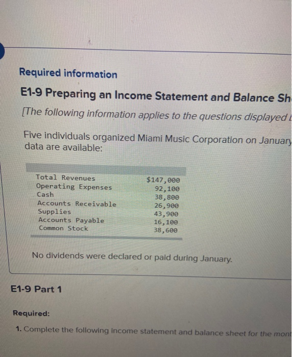  Required information E1-9 Preparing an Income Statement and Balance Sh [The