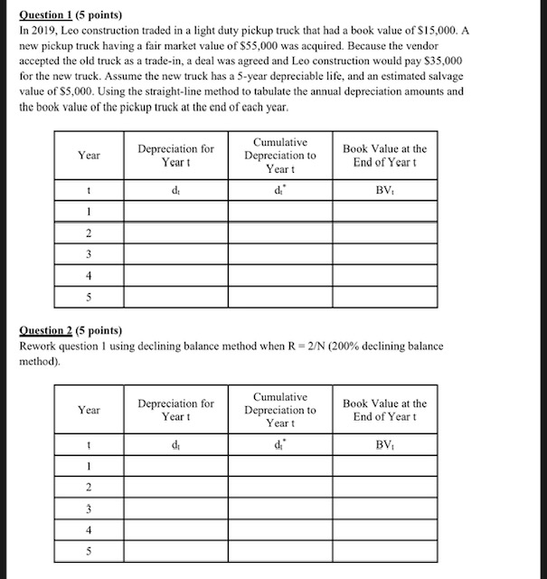 Question 1 (5 points) In 2019, Leo construction traded in a