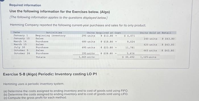  Required information Use the following information for the Exercises below. (Algo)
