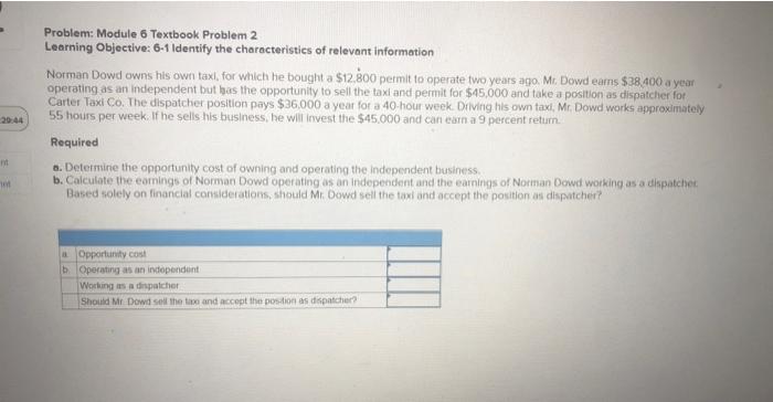  Problem: Module 6 Textbook Problem 2 Learning Objective: 6-1 Identify the