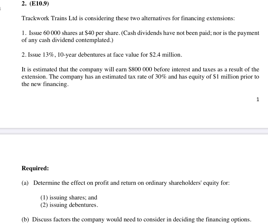 DEbt v Equity Question: 2. (E10.9) Trackwork Trains Ltd is considering these