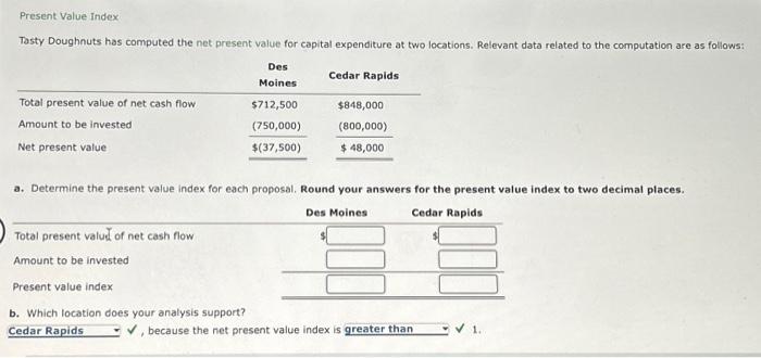  Present Value Index Tasty Doughnuts has computed the net present value
