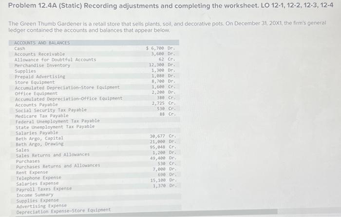  Problem 12.4A (Static) Recording adjustments and completing the worksheet. LO 12-1,