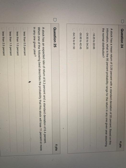  Question 24 4 pts A stock has a mean return of