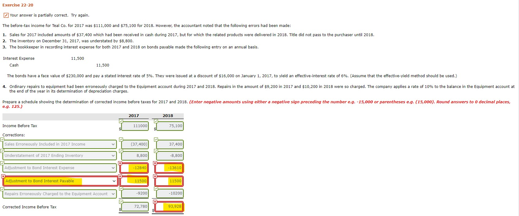  Exercise 22-20 Your answer is partially correct. Try again. The before-tax