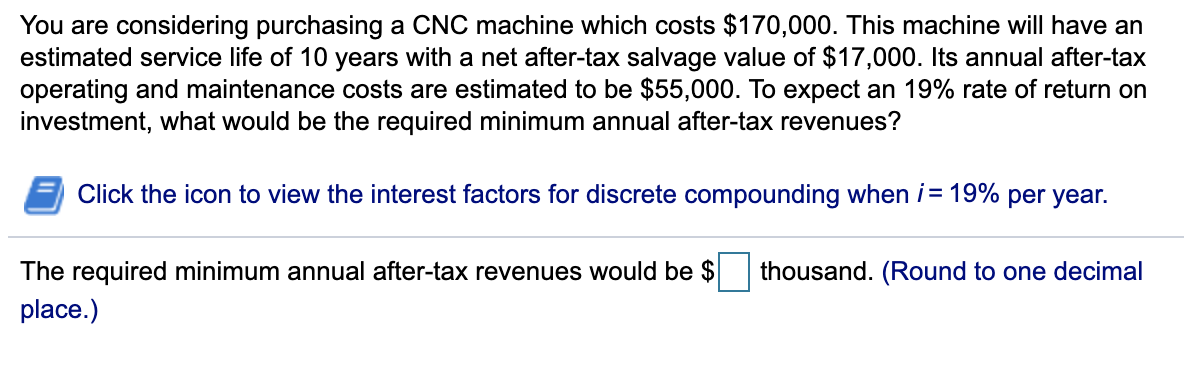  You are considering purchasing a CNC machine which costs $170,000. This