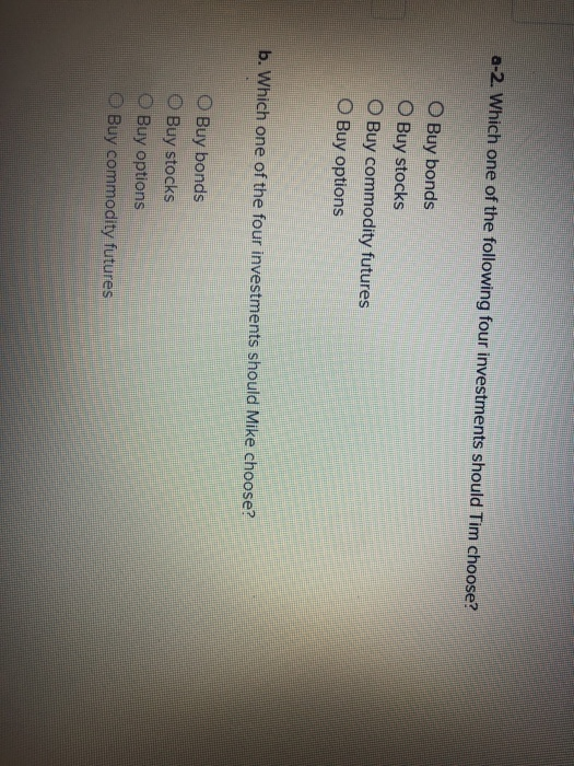 a risk. Investments Buy stocks Buy bonds Buy commodity futures Buy options