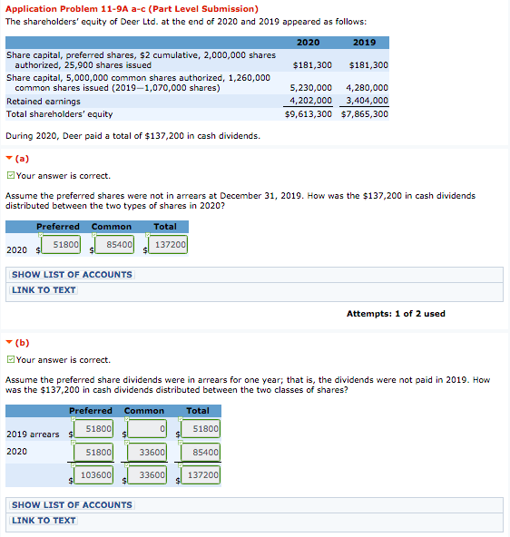 Application Problem 11-9A a-c (Part Level Submission) The shareholders' equity of