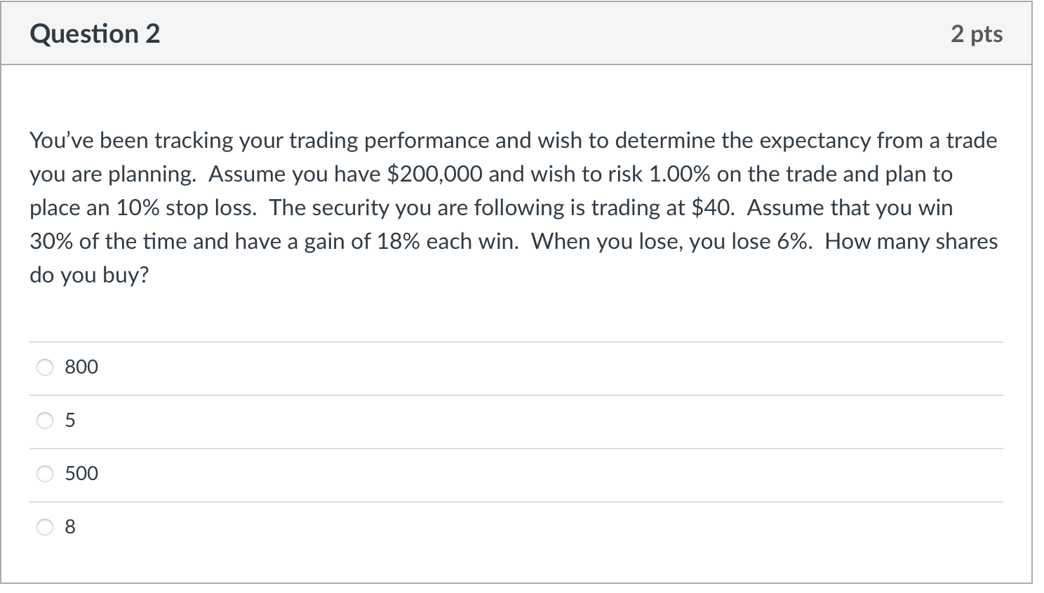 Question 2 2 pts You've been tracking your trading performance and