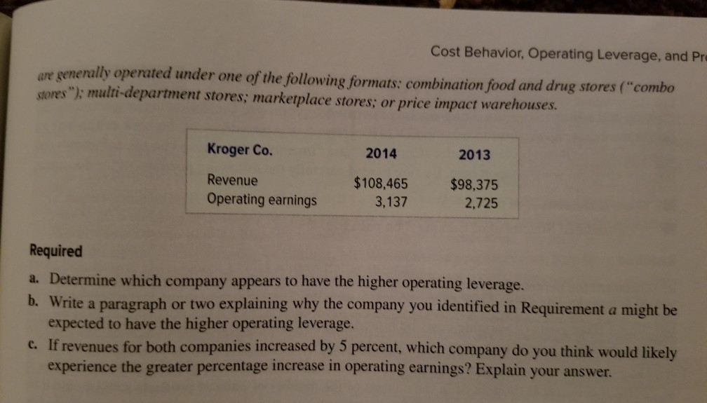 please Show Work and reasoning also. Cost Behavior, Operating Leverage, and Pr