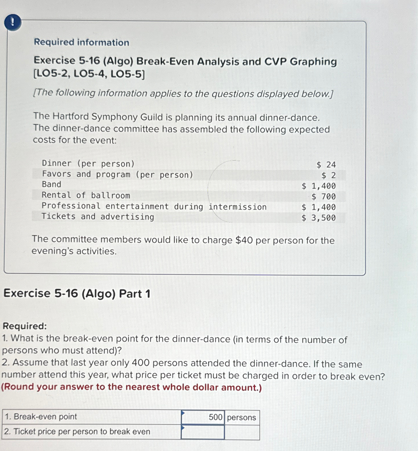  ! Required information Exercise 5-16(Algo) Break-Even Analysis and CVP Graphing [LO5-2,