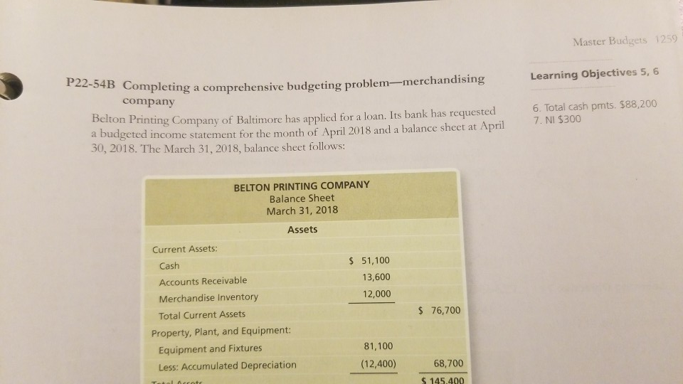 Chapter 22-54 Master Budgets 1259 Learning Objectives 5, 6 P22-54B Completing a