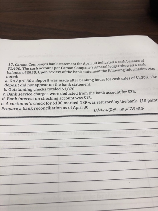 17. Carson Company's bank statement for April 30 indicated a cash