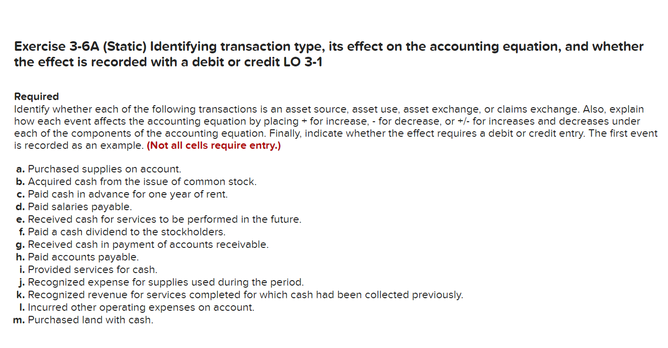  Exercise 3-6A (Static) Identifying transaction type, its effect on the accounting