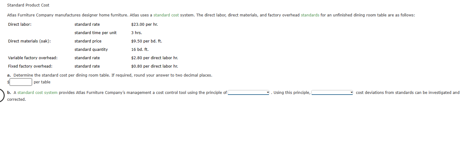 a. Determine the standard cost per dining room table. If required,