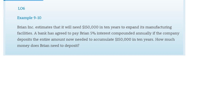  LOG Example 9-10 Brian Inc, estimates that it will need $150,000