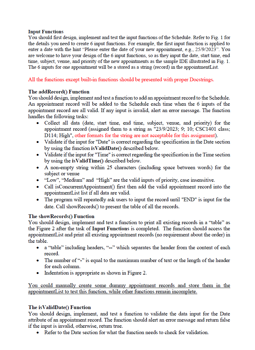 Schedule with appointment records, which are stored in a list. Your program