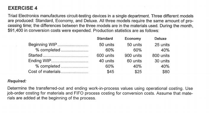  EXERCISE 4 Triad Electronics manufactures circuit-testing devices in a single department.
