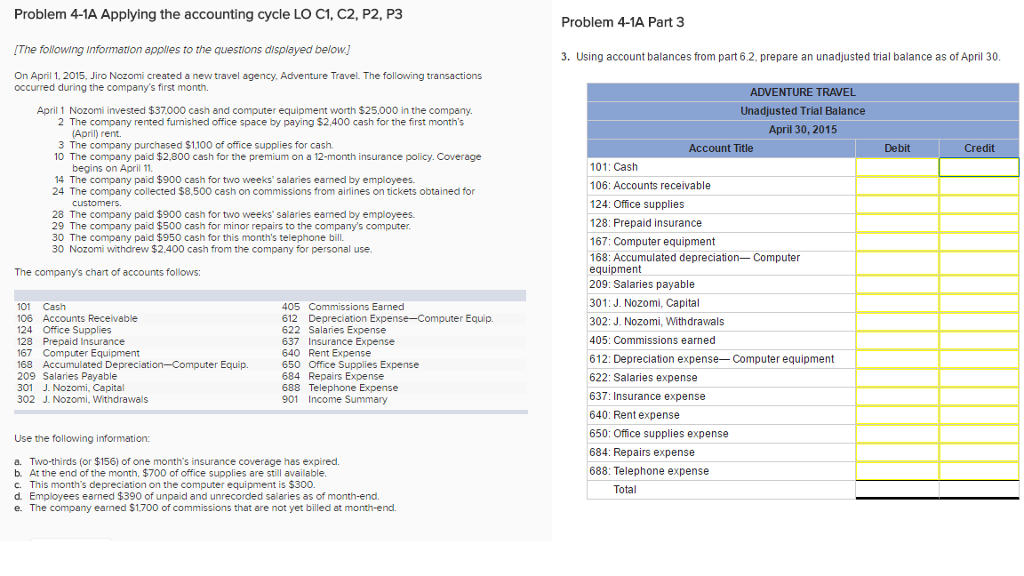 Problem 4-1A Applying the accounting cycle LO C1, C2, P2, P3 [The