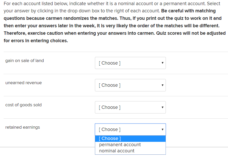 Question 4: For each account listed below, indicate whether it is a