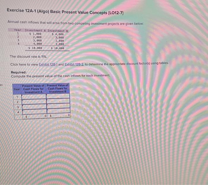  Exercise 12A1 (Algo) Basic Present Value Concepts [LO12-7] Annual cash inflows