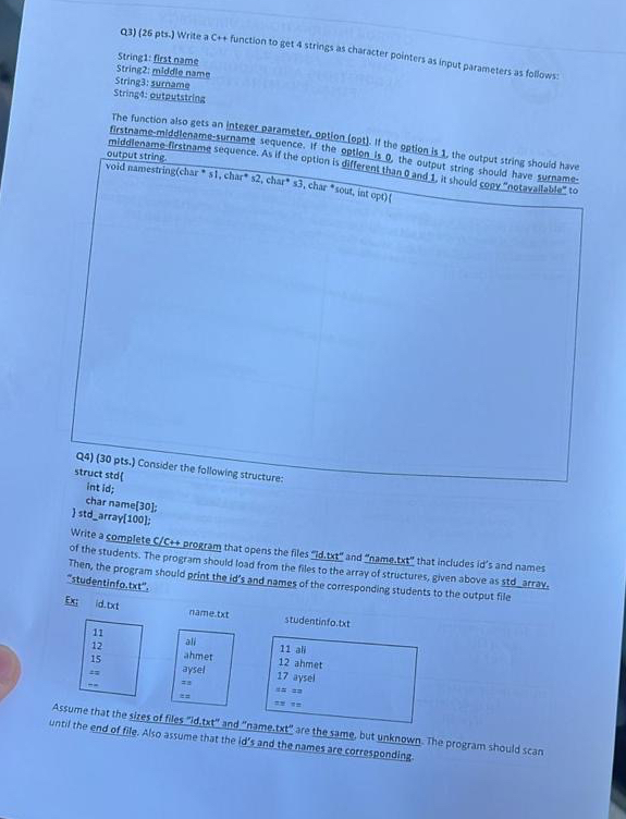  Q3)(26 pts.) Write a C++ function to Bet 4 strings as