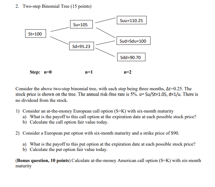 2. Two-step Binomial Tree (15 points) Step: n=0 n=1 n=2 Consider the