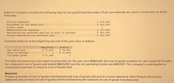 please help answer alla. b. c. Superior Company provided the following data