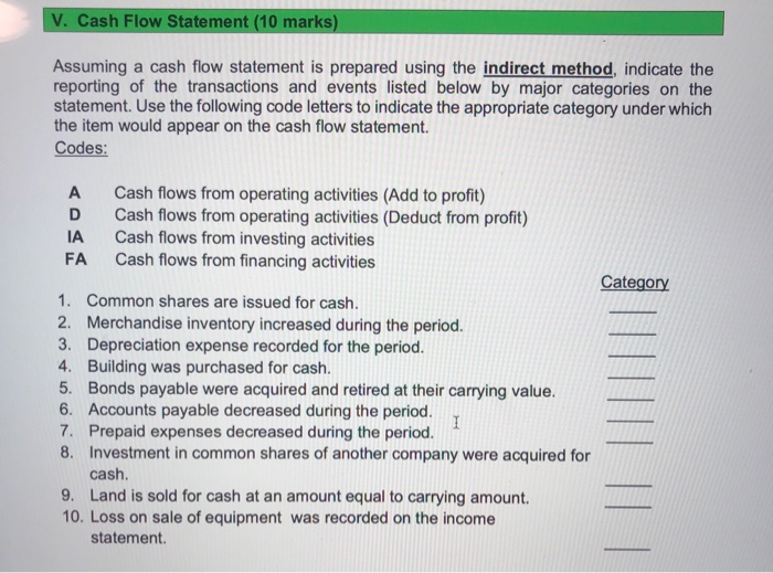  V. Cash Flow Statement (10 marks) Assuming a cash flow statement