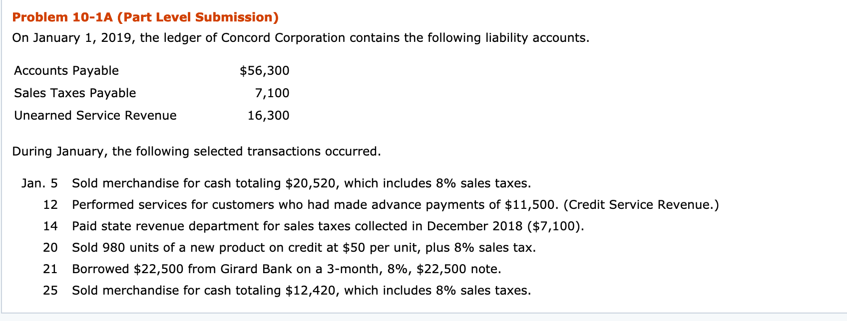  Problem 10-1A (Part Level Submission) On January 1, 2019, the ledger