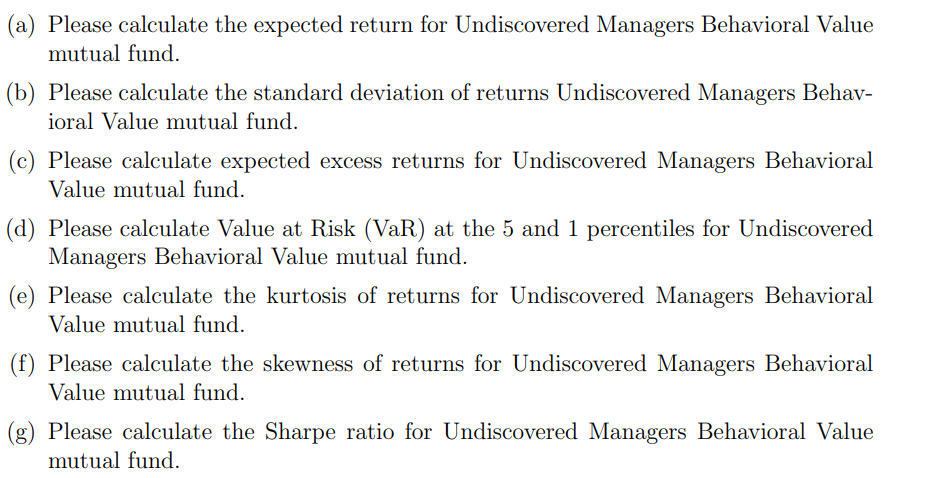 (a) Please calculate the expected return for Undiscovered Managers Behavioral Value