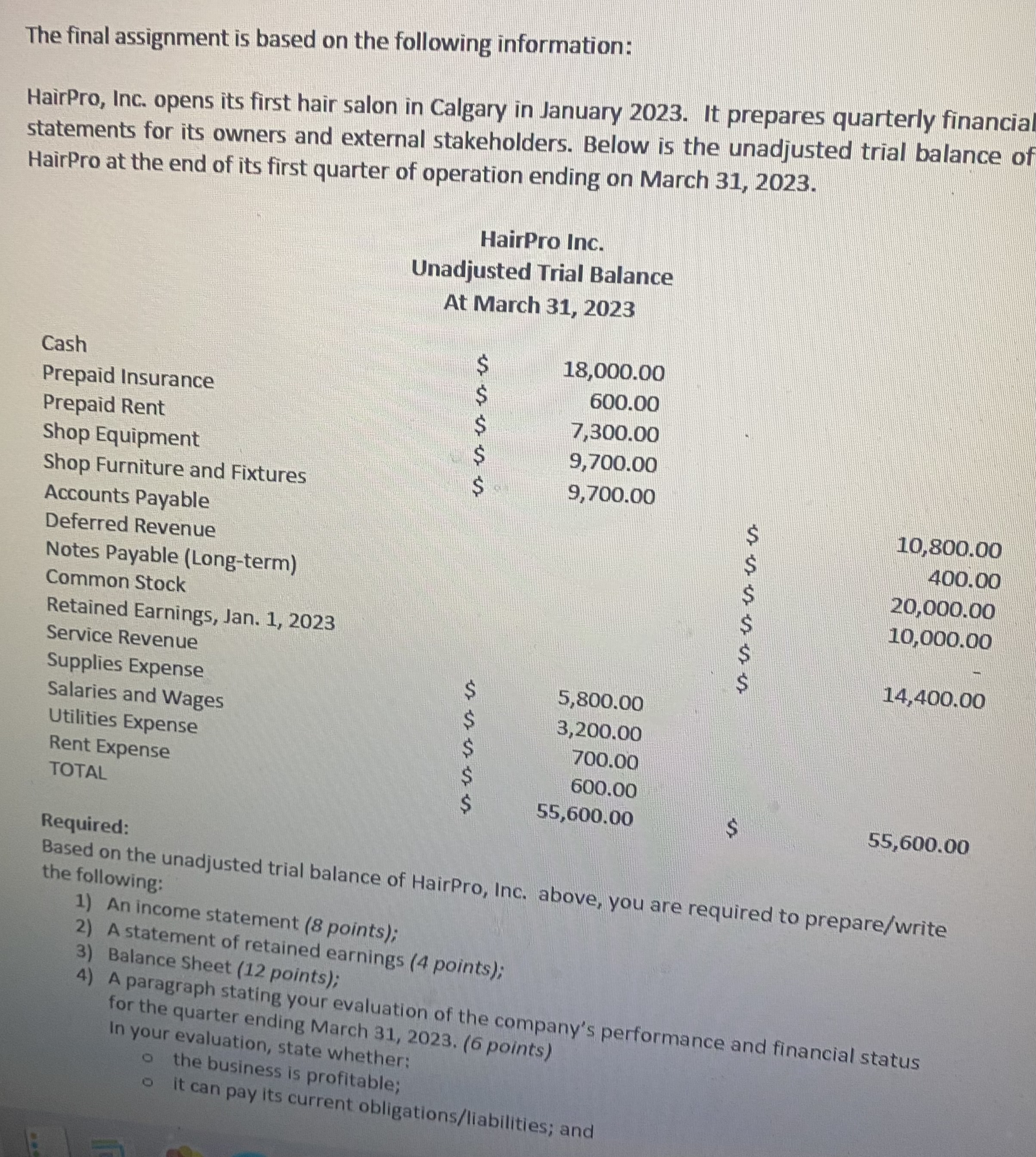 juioj The final assignment is based on the following information: HairPro,