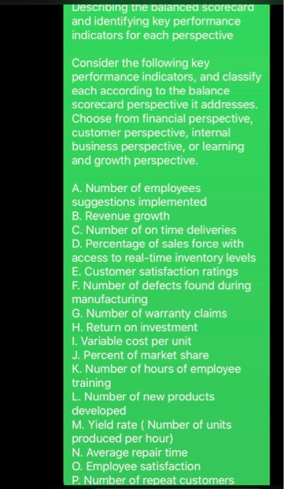  Describing the balanced scorecard and identifying key performance indicators for each