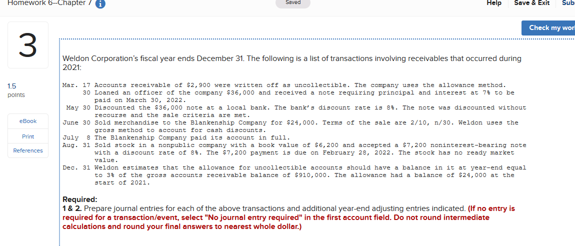  Homework 6--Chapteri Saved Help Save & Exit Sub Check my worl