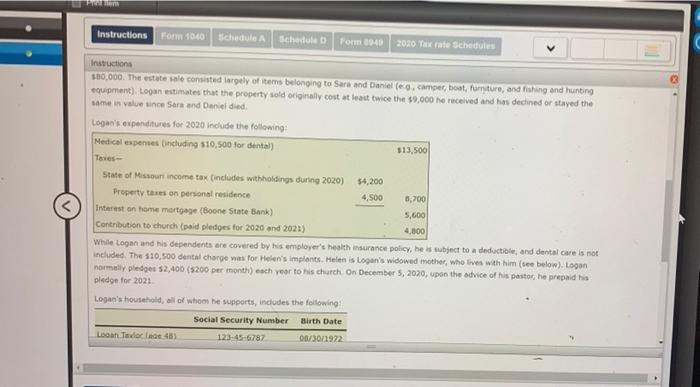 Tax rate Schedules Instructions Note: This problem is for the 2020 tax