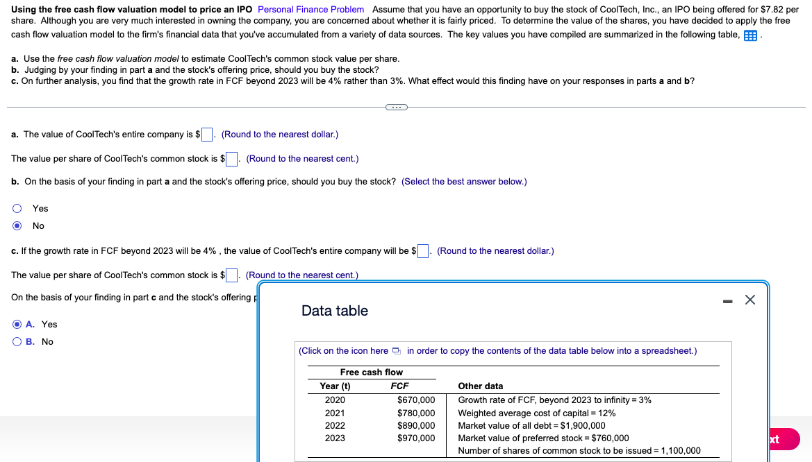 help please Using the free cash flow valuation model to price an