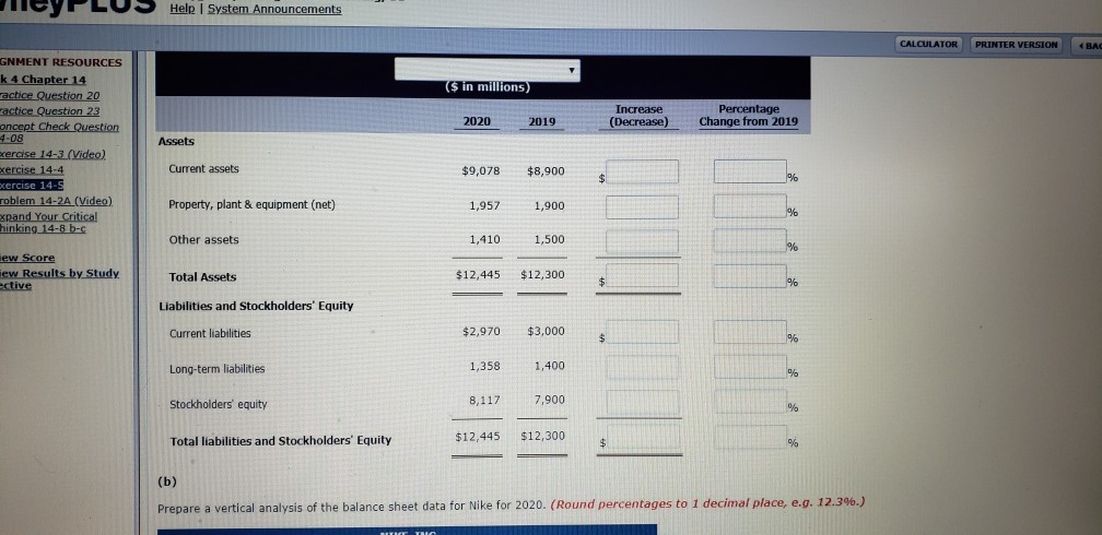 Exercise 14-5 Suppose the comparative balance sheets of Nike, Inc. are presented