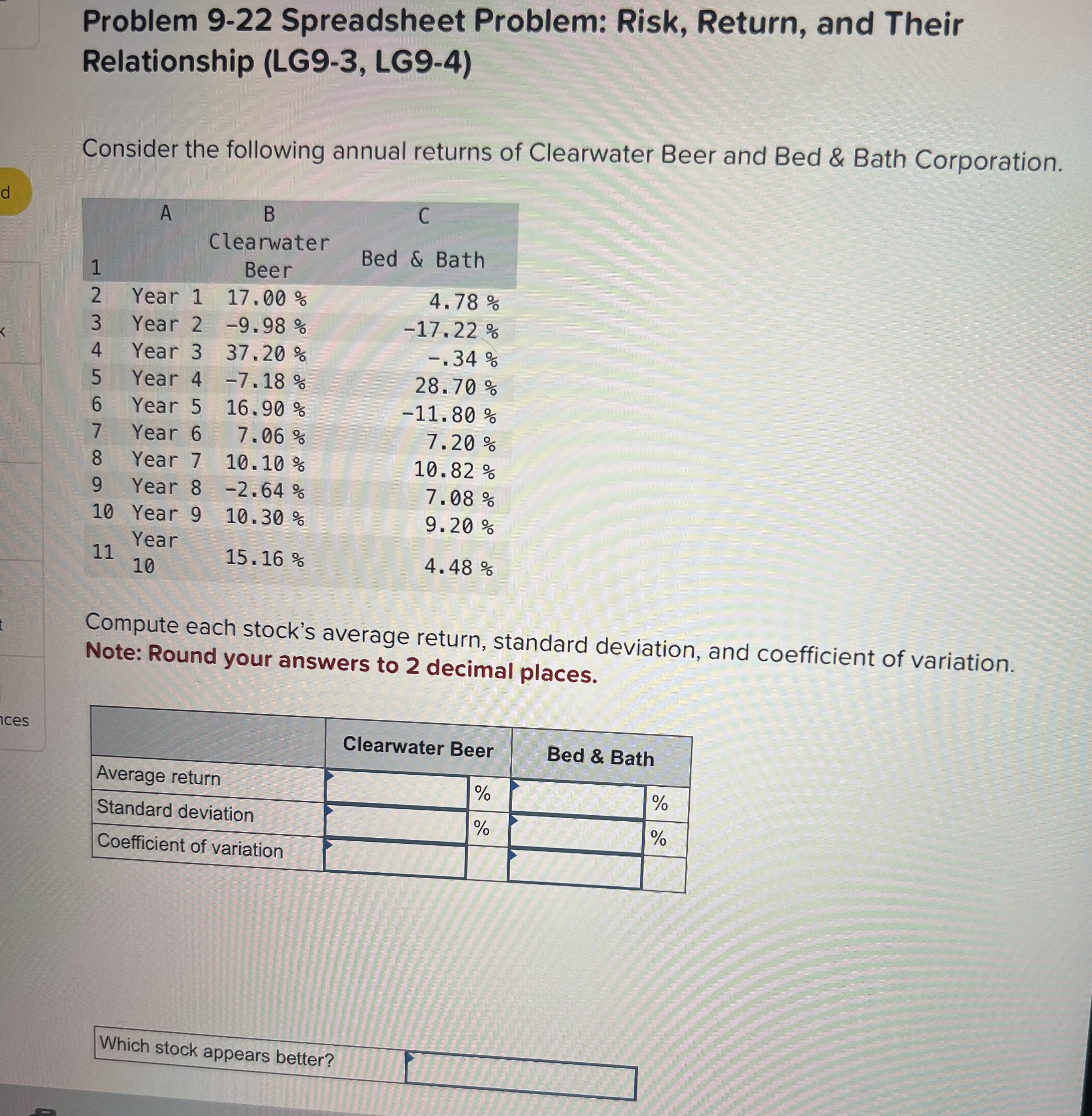  Problem 9-22 Spreadsheet Problem: Risk, Return, and Their Relationship (LG9-3, LG9-4)