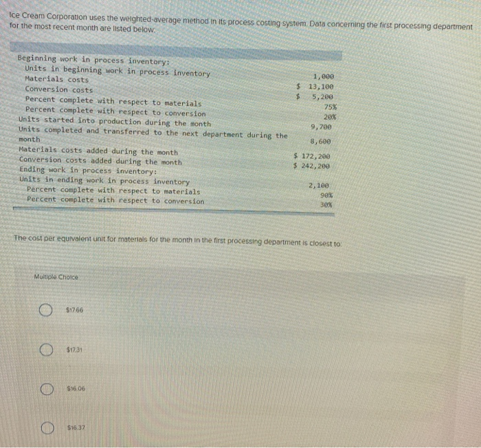  Ice Cream Corporation uses the weighted average method in its process