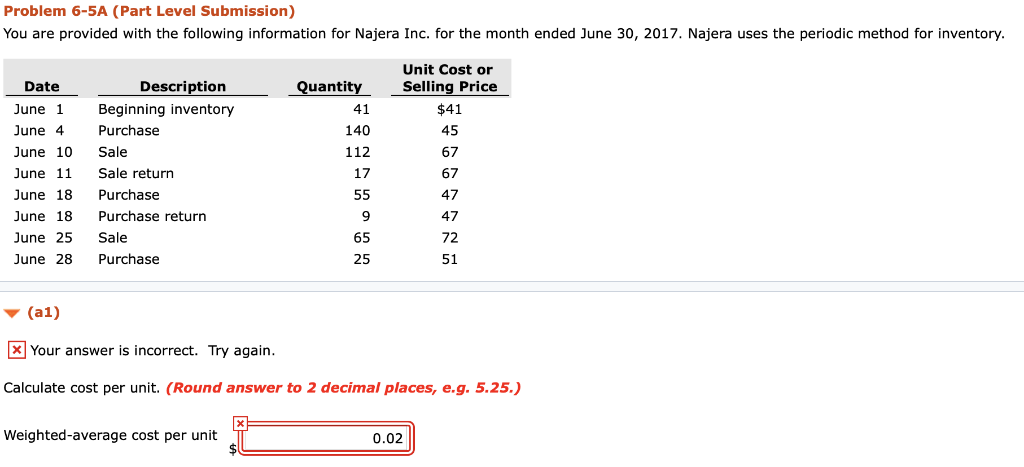  Problem 6-5A (Part Level Submission) You are provided with the following