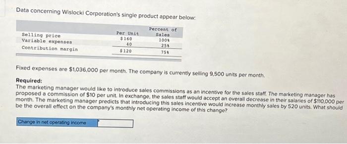  Data concerning Wislocki Corporation's single product appear below: Fixed expenses are